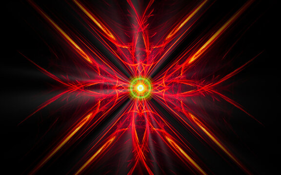 abstract illustration of a computer generated fantastic flower of various shapes and shades on a black background for use in symbology, signs for digital design and graphics