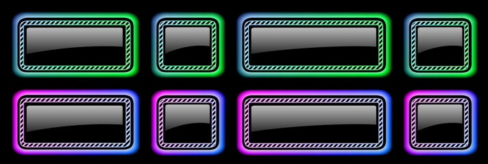 Set of buttons shiny colorful frames in neon colors with striped pattern, modern buttons collection oval rectangle shapes on black background, vector illustration.