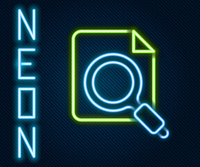 Aufkleber - Glowing neon line Search concept with folder icon isolated on black background. Magnifying glass and document. Data and information sign. Colorful outline concept. Vector