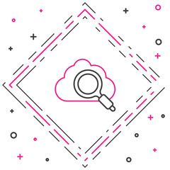 Poster - Line Search cloud computing icon isolated on white background. Magnifying glass and cloud. Colorful outline concept. Vector