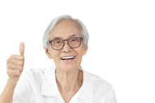 Happy Asian Old Elderly Wearing Spectacles,raising Hand Sign,showing Great Thumbs Up,smiling Senior Woman Giving A Thumbs Up Gesture,symbol Of Likes,good Or Success,isolated On White Background