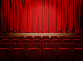 Wall Mural - Empty theater stage with red velvet curtains. Vector illustration