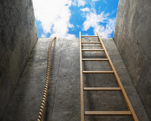 View From Below In A Deep Pit With Two Solution Alternatives - A Rope And A Ladder, Escape Or Salvation Concept, 3d Illustration
