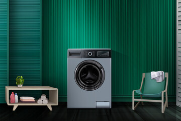 Wall Mural - Vector 3d illustration of interior with washing machine, chair and shelf on turquoise background.