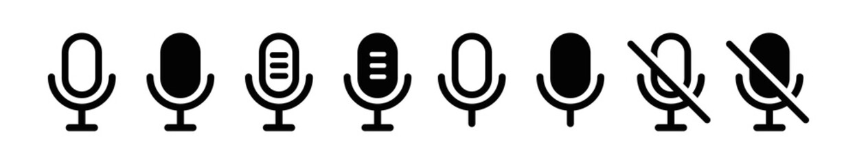 Wall Mural - Microphone flat icon collection. Studio different simple icons set. Sound symbol. Retro button isolated. Audio podcast sign. 