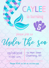Mermaid Birthday Invitation. Under The Sea Theme Party. Vector Illustration