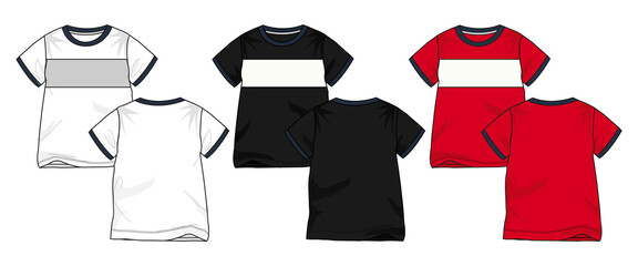 Basic Tee shirt fashion flat sketch technical drawing template For kids. Blank flat Short sleeve t-Shirt design With chest cut and sew. White, black, and Red color Vector illustration template.