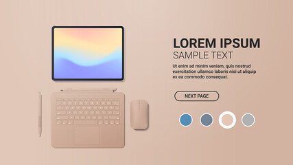 Poster - modern tablet computer with keyboard mouse pen and colored screen realistic mockup gadgets and devices