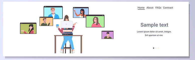 Poster - businesswoman chatting with mix race colleagues in web browser windows during video call online conf