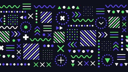 Poster - Abstract Geometric Background. Colorful Figures, Dots, Lines, Circles on Dark Background. Vector illustration