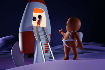 Wall Mural - Little astronaut thumbs up and the captain in the cartoon rocket in moon. Children space travel concept. 3D rendering.