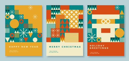 Happy 2022 New Year abstract geometric card design. Modern flat minimalist style. Merry Christmas invitation