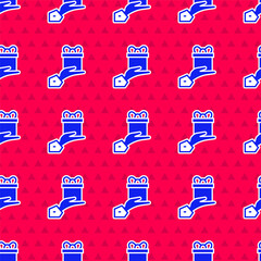 Blue Give gift icon isolated seamless pattern on red background. Gift in hand. The concept of giving and receiving a gift. Vector