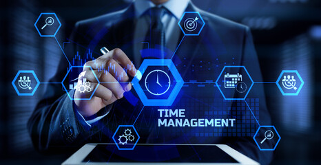 Wall Mural - Time management planning productivity business concept. Businessman pressing button.