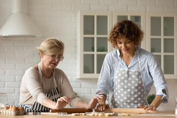 Wall Mural - Caring beautiful middle aged elderly woman sharing favorite recipe with smiling grown young daughter, preparing homemade pastry cake together in modern kitchen, domestic culinary activity concept.