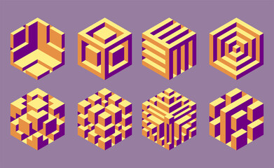 Aufkleber - Set of illusory cubes made of blocks. The isometric cube turns in different angles. Math objects with mental tricks. Brain optical illusion. Symbol with three-dimensional effect.