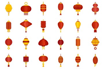 Sticker - Chinese lantern icons set flat vector isolated