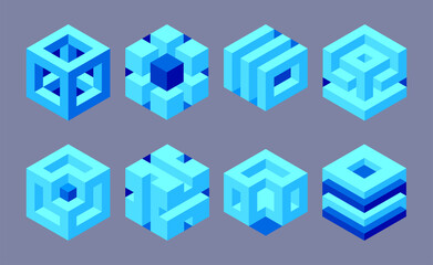 Aufkleber - Set of illusory cubes made of blocks. The isometric cube turns in different angles. Math objects with mental tricks. Brain optical illusion. Symbol with three-dimensional effect.