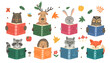 Animals reading books. Set from cute hand-drawn woodland animals holding books. Raccoon, deer, hare, fox, owl, rabbit, wolf and bear, hedgehog. 