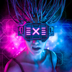 Wall Mural - hardwired cyberpunk girl / 3d illustration of science fiction cyberpunk female character wearing fut