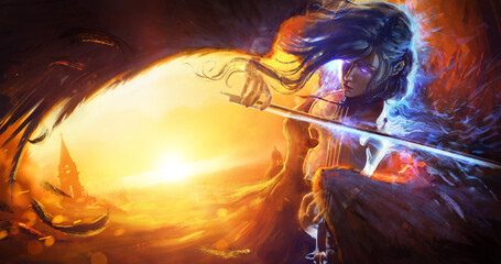 Wall Mural - The ghost of an angel woman with black wings, she plays music on a magic violin creating a magical blue flame. a girl flies over a medieval city against the background of a juicy bright sunset. 2d art