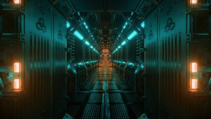 Sticker - Flying into spaceship tunnel, sci-fi spaceship corridor. Futuristic technology for technical titles and backgrounds. Internet traffic graphics, speed. 3D rendering. 4k animation of seamless loop