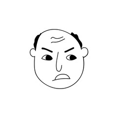 Hand drawn human face doodle. Angry man with a bald head. Isolated ink pen drawing. Pencil drawing. Simple modern illustration.