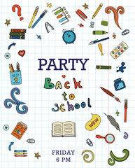 Fototapete - Back to school. Big vector doodle set. Stationery for school, university and office. Hand-drawn school supplies. A set of colored flat icons. Cartoon illustrations for elementary school.