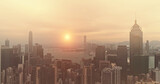 Fototapeta  - AERIAL. Hong Kong Sunrise, View from The drone, Hong Kong Sun shape in the sky