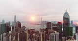Fototapeta  - AERIAL. Hong Kong Sunrise, View from The drone, Hong Kong Sun shape in the sky