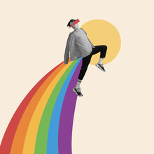 Modern Design, Contemporary Art Collage. Inspiration, Idea, Trendy Urban Magazine Style. Young Man Dancing On Rainbow Isolated On Light Background