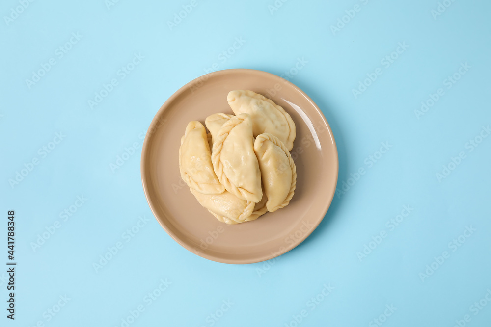 Plate with tasty dumplings on color background