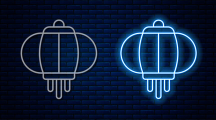  Glowing neon line Korean paper lantern icon isolated on brick wall background. Vector