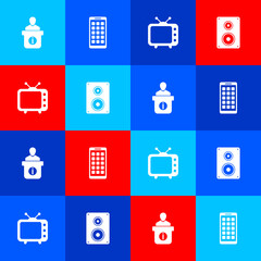 Sticker - Set Information desk, Mobile Apps, Television tv and Stereo speaker icon. Vector