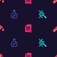 Poster - Set DNA research, search, , Paper page with eye and Test tube drop of blood on seamless pattern. Vector