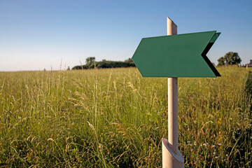 Abstract wooden green pointer arrow in the field