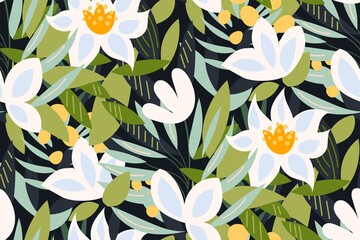 Wall Mural - Seamless pattern with flowers, leaves in a simple hand-drawn style on a dark background. Creative floral texture. Tropical botanical background. Summer collection. Great for fabric, textile Vector