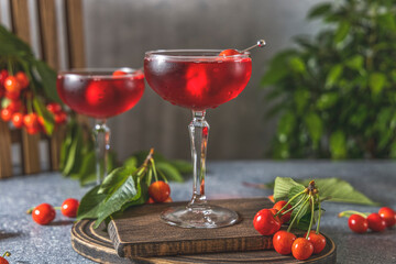 Wall Mural - Champagne coupe glass of refreshing cherry or merry cocktail with ice served on gray table surface surround of fresh merry and different green plants, shallow depth of the field.