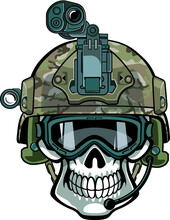 Human Skull Wearing Military Helmet