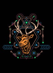 Wall Mural - Deer head with sacred geometry pattern on black background. eps10 vector