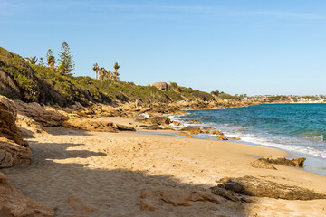 Splendid seascapes of Arenella Beach (Spiaggia di Arenella) in Syracuse City, Sicily, Italy.