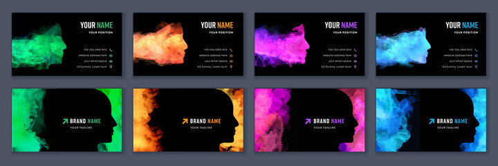 Wall Mural - Big set of bright colorful business card template with vector watercolor head silhouette on black background