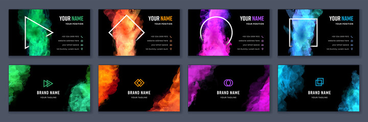 Wall Mural - Big set of bright colorful business card template with vector watercolor black background
