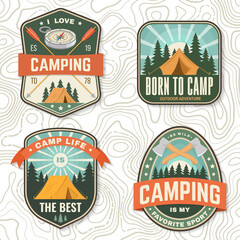 Wall Mural - Set of camping badges. Vector Patch or sticker. Concept for shirt or logo, print, stamp or tee. Vintage typography design with compass, tent, mountain, camper trailer and forest silhouette.