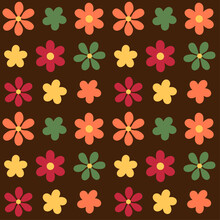 Retro 1970s Orange, Green, Red, And Yellow Florals On A Dark Brown Background. Seamless Repeating Vector Background.