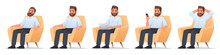 Happy Bearded Man Sits In A Chair. Businessman Sleeps, Works At A Laptop, Reads News In A Smartphone, Rejoices. Freelancer