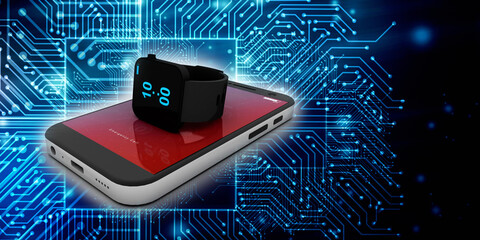 Wall Mural - 3d rendering fitness bracelet smart watch with mobile phone