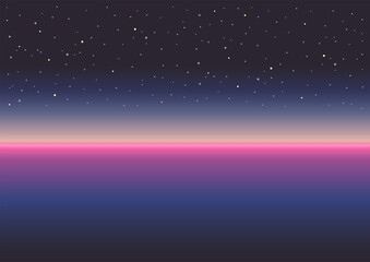 Night stars sky. Abstract skyline landscape. Vector. Retrowave, synthwave, vaporwave background. Retro, vintage 80s, 90s style. Black, purple, pink, blue colors. Banner, print, wallpaper, web template
