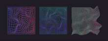 Distorted Neon Grid Pattern. Vector. Abstract Glitch Background. Set Collection. Retro Wave, Synthwave, Rave, Vaporwave. Blue, Black, Pink Purple Color. Trendy 1980s, 90s Style. Print, Poster, Banner.