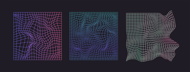 distorted neon grid pattern. vector. abstract glitch background. set collection. retro wave, synthwa